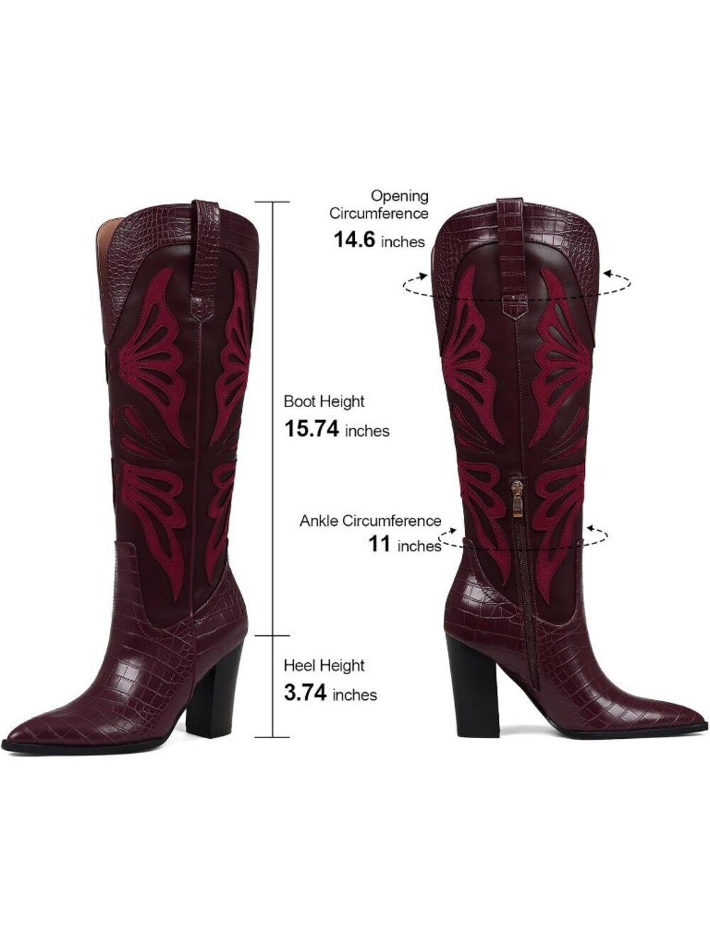 Women's Burgundy Rubber Pointed Toe Chunky Butterfly Wide Calf Knee High Boots - Picture 6 of 7